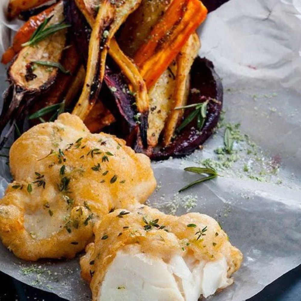 Fish ’n chips med kuller og rodfrugter - Kystfisken