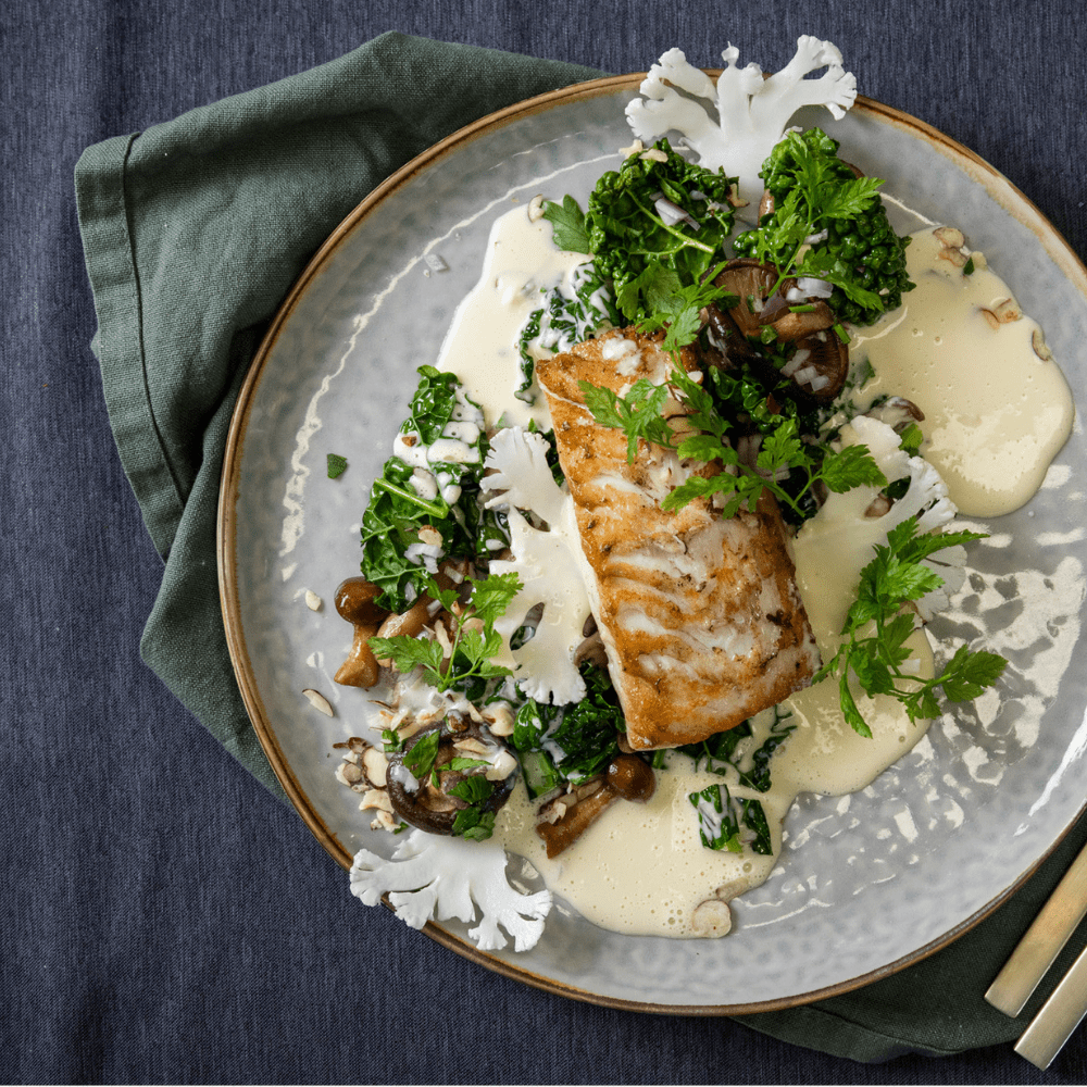 Kulmule med blomkål og stegte svampe - Kystfisken