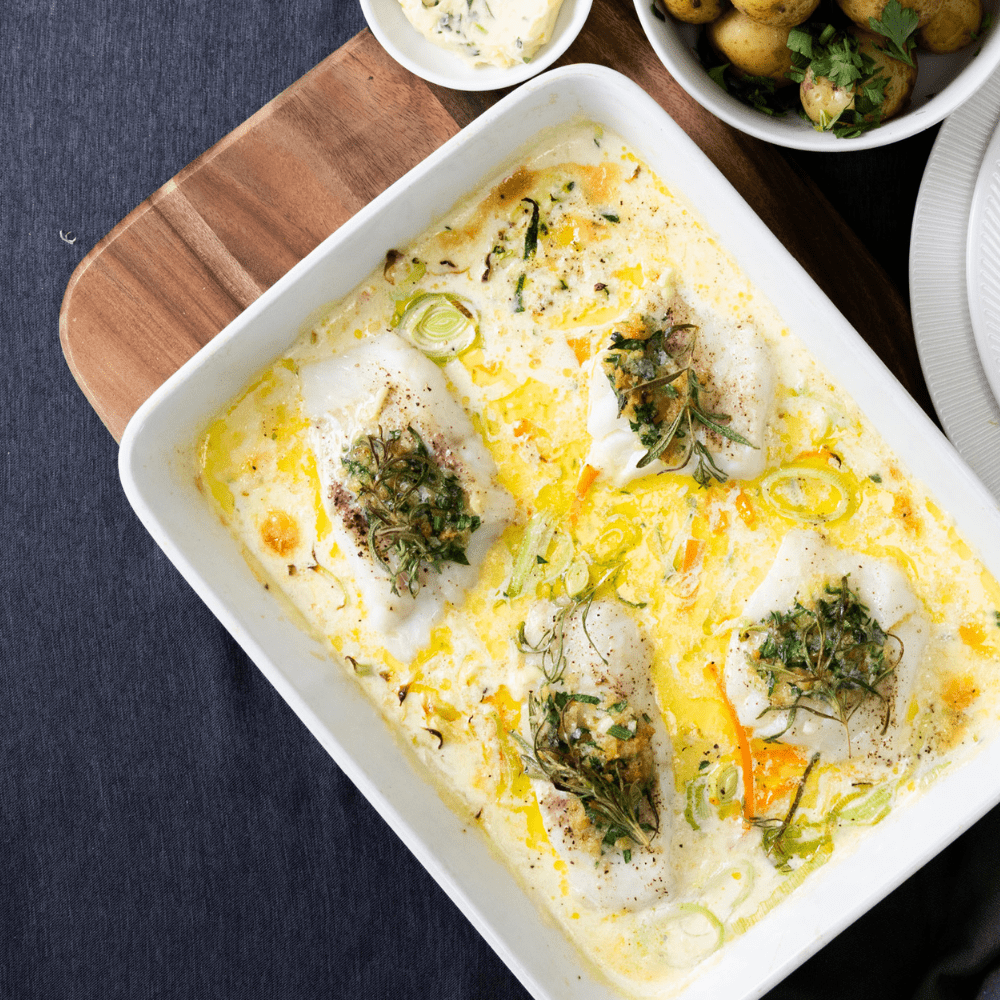 Torsk i fad med efterårets grøntsager - Kystfisken