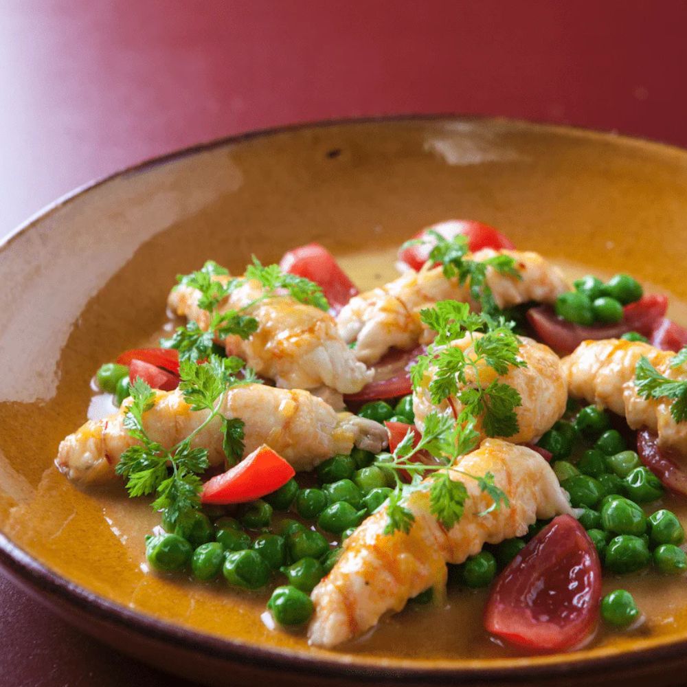 Jomfruhummer med grønne ærter