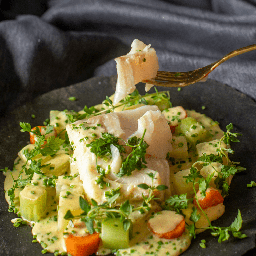 Ovnbagt torsk i mild sennepssauce - Kystfisken